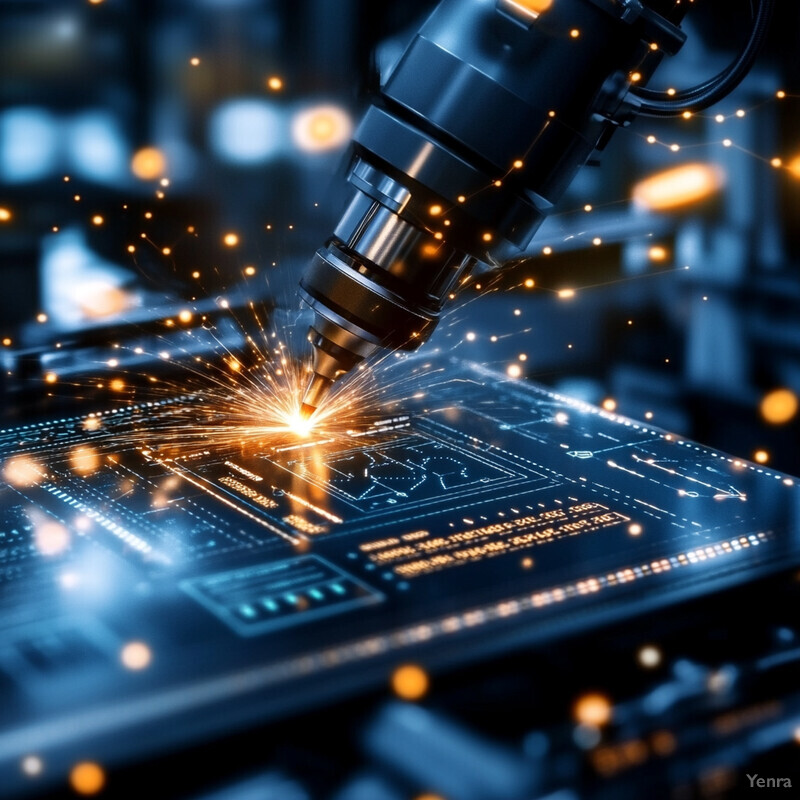 A machine tool or robot arm is actively cutting through metal, with orange sparks flying off its tip.