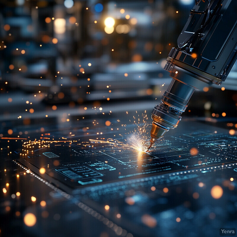 A robotic arm welds a metal plate in an industrial workshop.