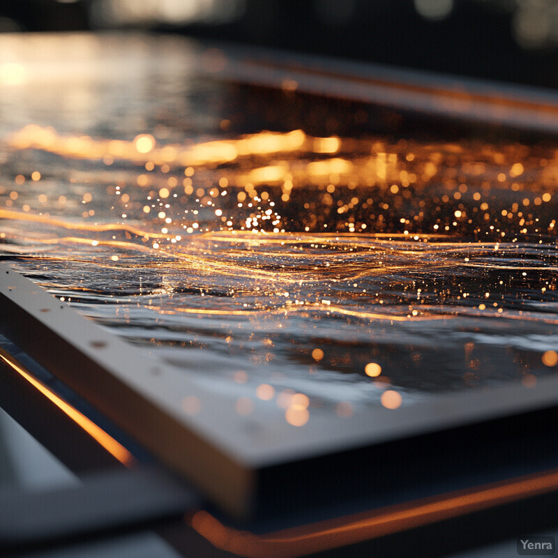 A welding pool with orange sparks flying around it, surrounded by metal sheets and equipment in a factory or workshop setting.