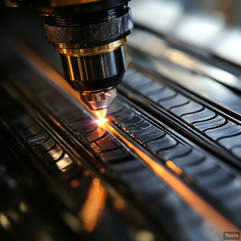 A laser cutting machine in action, with a bright orange beam of light cutting through a dark-colored metal sheet.