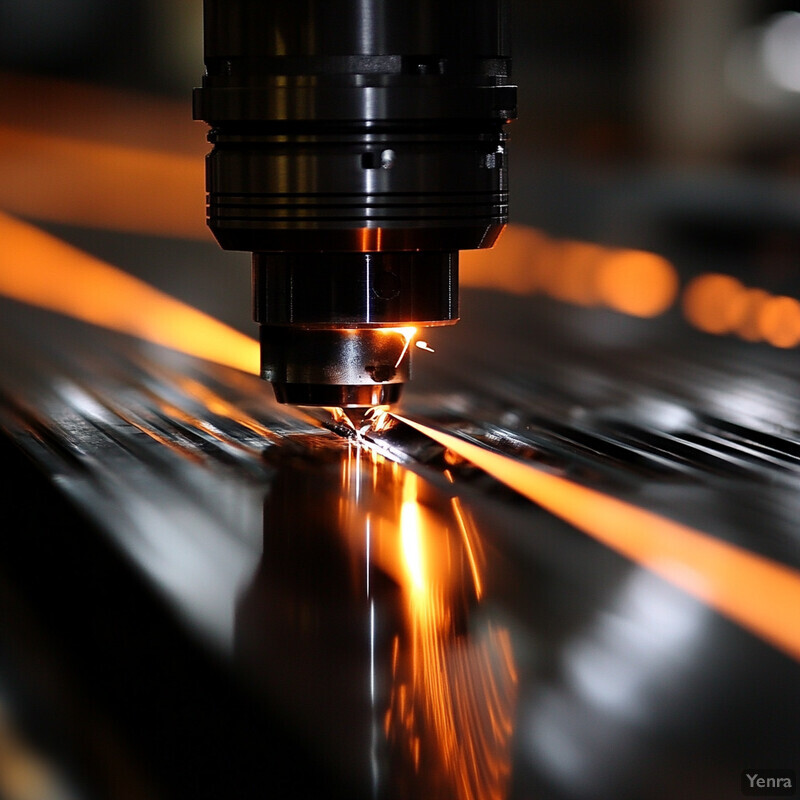 A machine with a black body and orange sparks cutting or welding metal in a workshop setting.