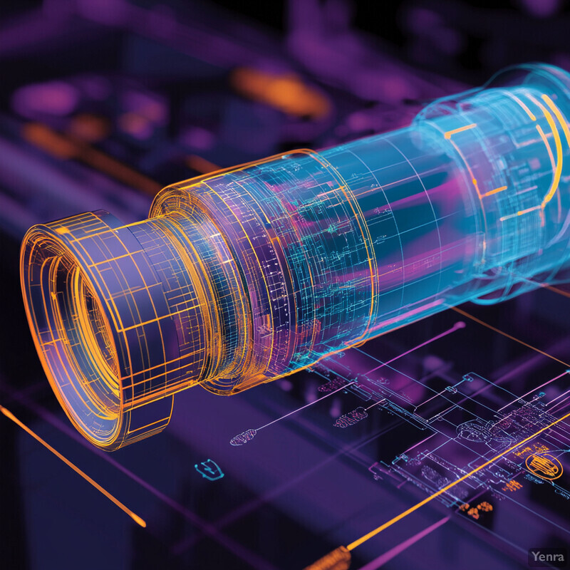 A 3D rendering of a camera lens with thermal profile analysis overlay, showcasing its advanced technology and precision engineering.