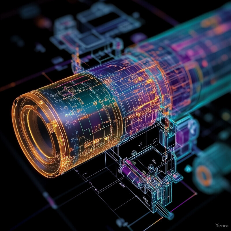 A futuristic cylindrical object with technical drawings in the background.