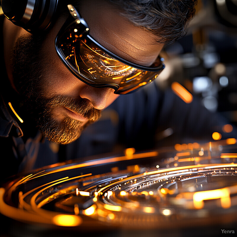 A man is intently focused on a virtual welding simulation, wearing safety goggles with orange lenses and leaning forward slightly.