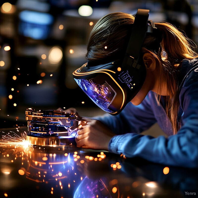 A woman practices virtual welding simulations in an industrial setting.