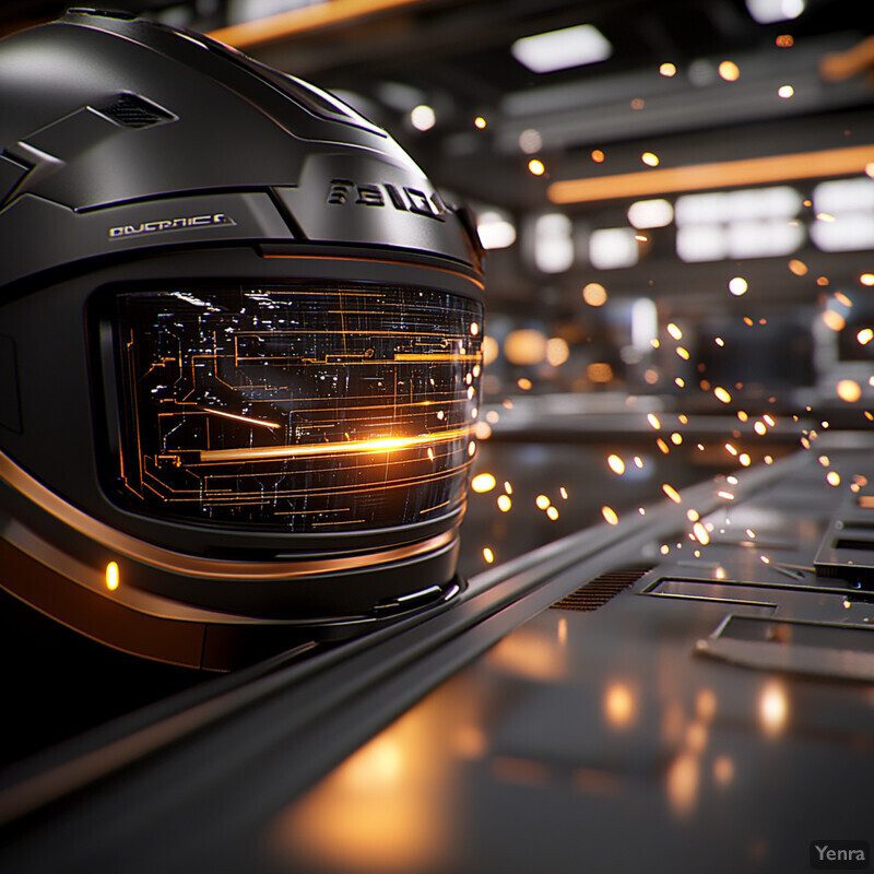 A futuristic helmet with a sleek black design and gold accents is featured in an industrial setting, highlighting the use of advanced technology for welding simulations.