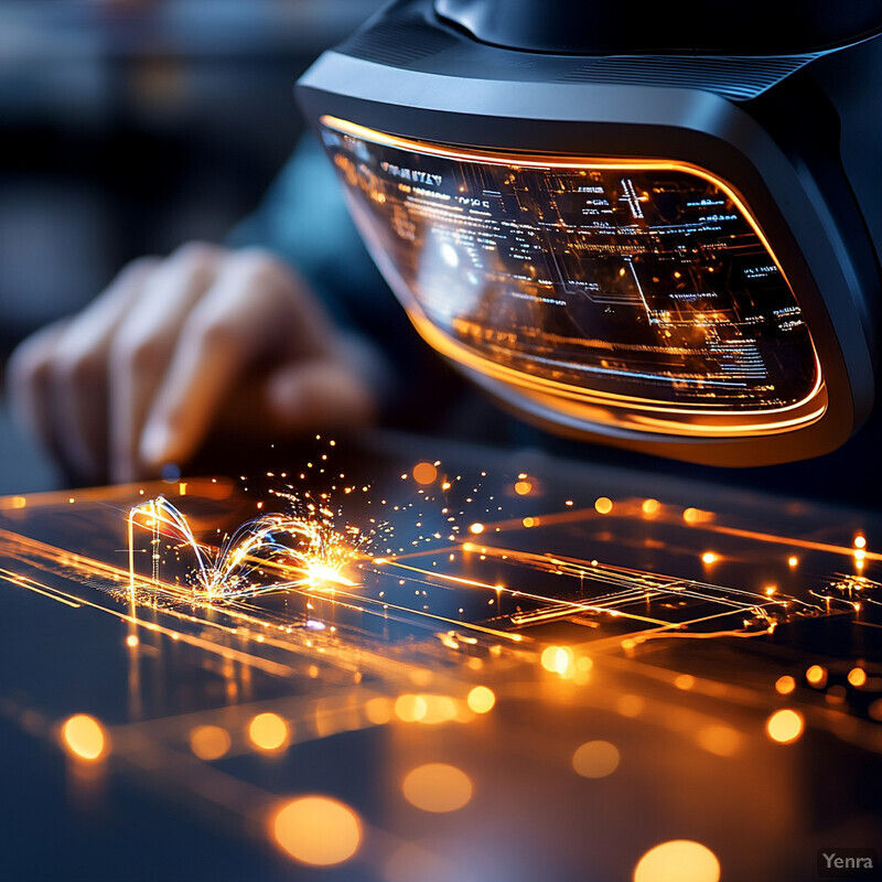 A person wears a virtual welding helmet and uses a metal rod to simulate welding with sparks.