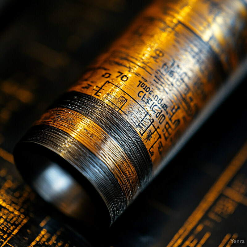 A cylindrical object with an orange and black color scheme featuring etched markings.