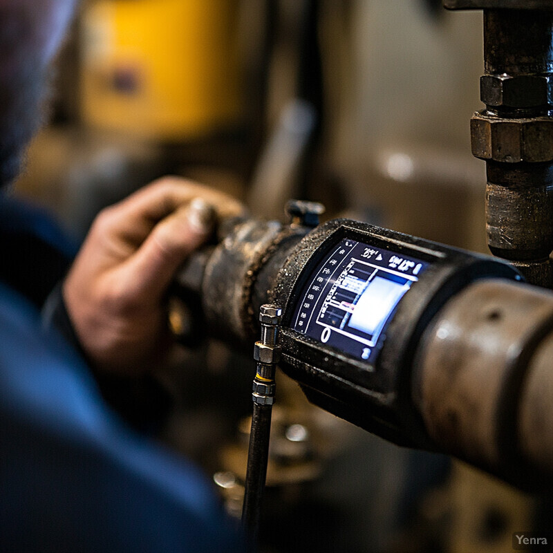 A person inspects equipment using a smartwatch with an integrated display screen in an industrial setting.