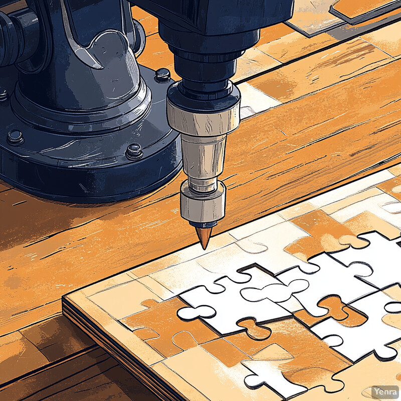 A machine cutting out puzzle pieces from a wooden board using a laser cutter or CNC router.