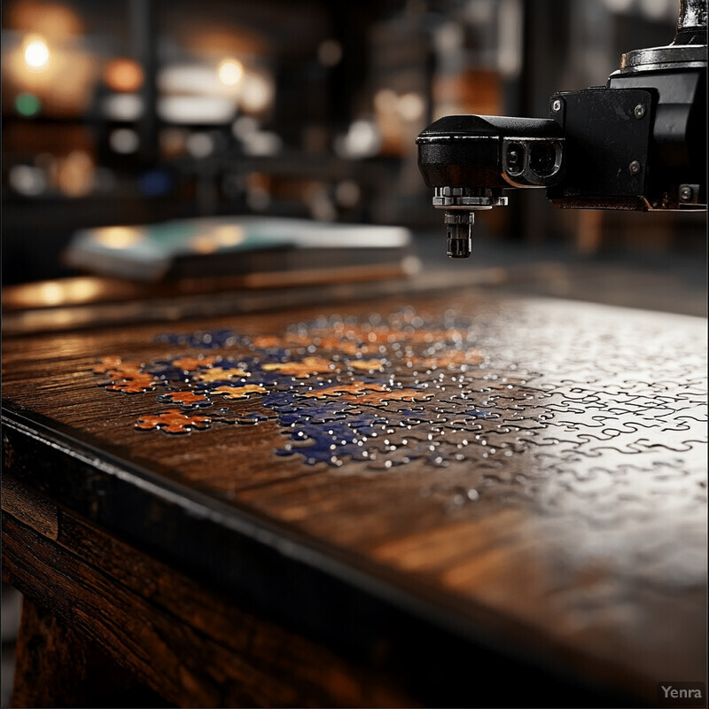 A machine is cutting out a jigsaw puzzle from a large piece of wood.