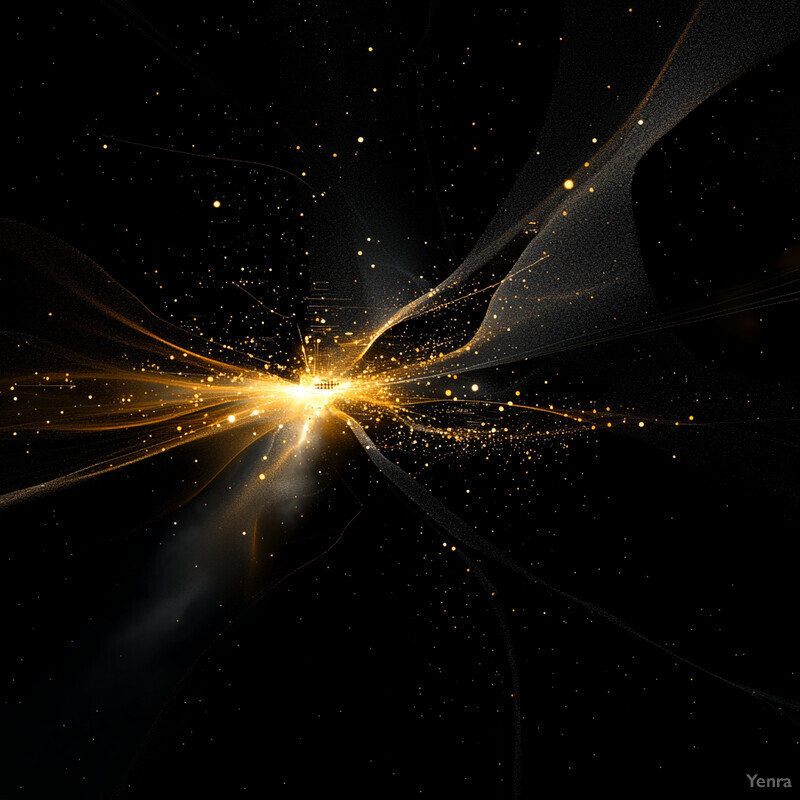 An abstract representation of data analysis featuring a central point of light surrounded by radiating lines and small dots.