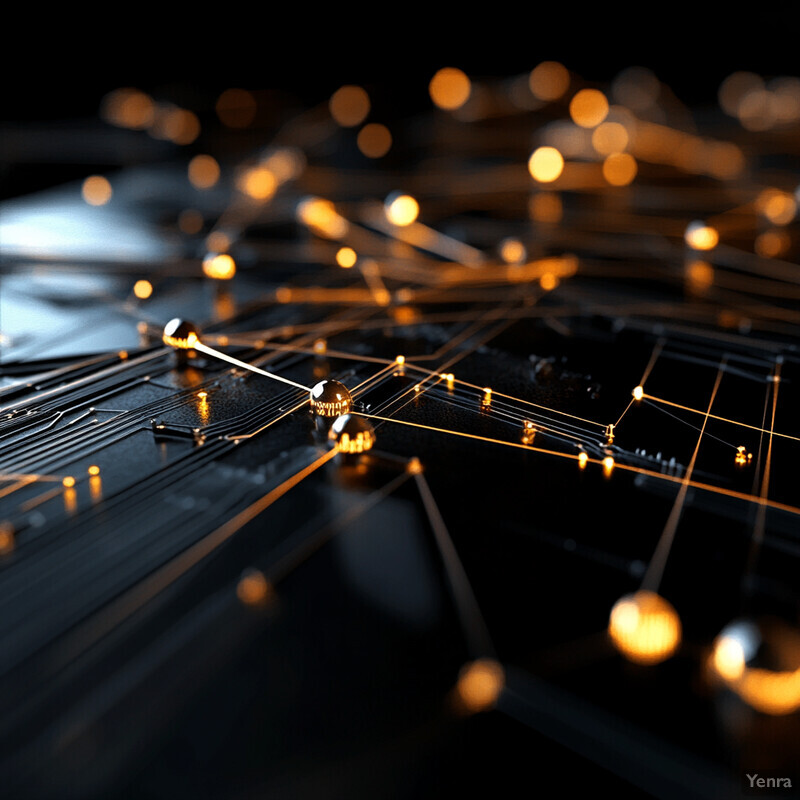 A complex network of interconnected lines and nodes on a black background with gold accents, evoking a futuristic environment.