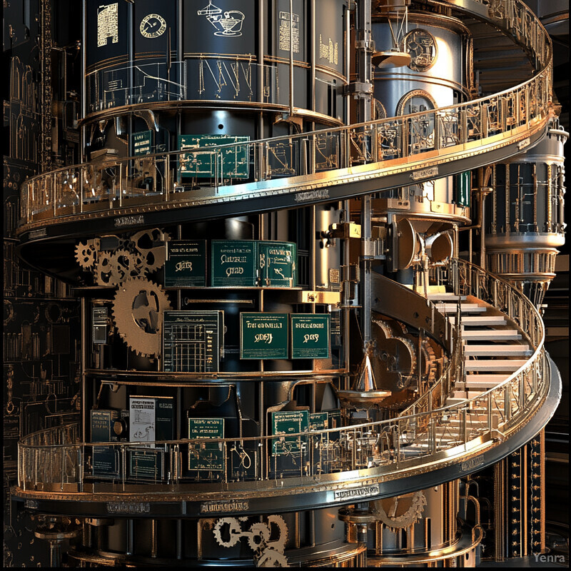 Intricate, futuristic machine with multiple levels and a spiral staircase.