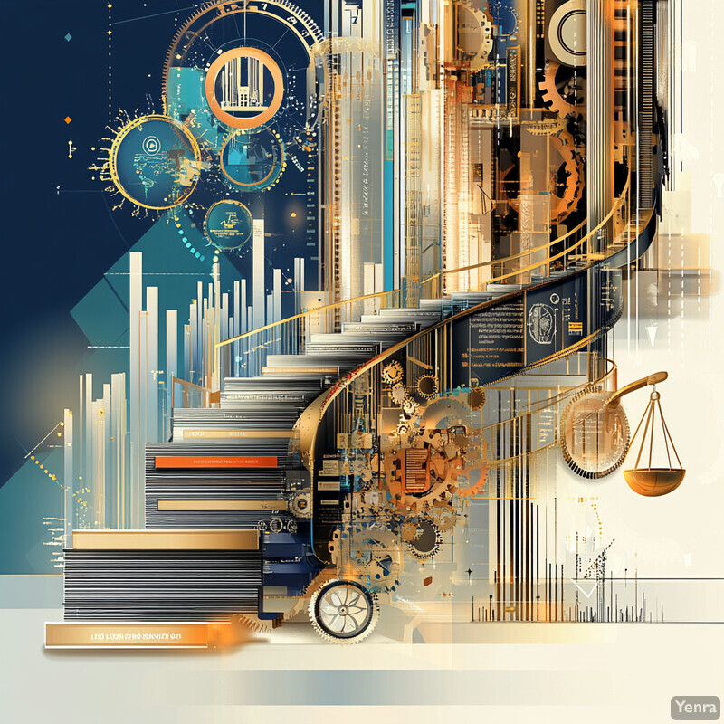 An abstract representation of data processing and analysis, featuring a stylized staircase with gears and cogs, set against a cityscape at night.