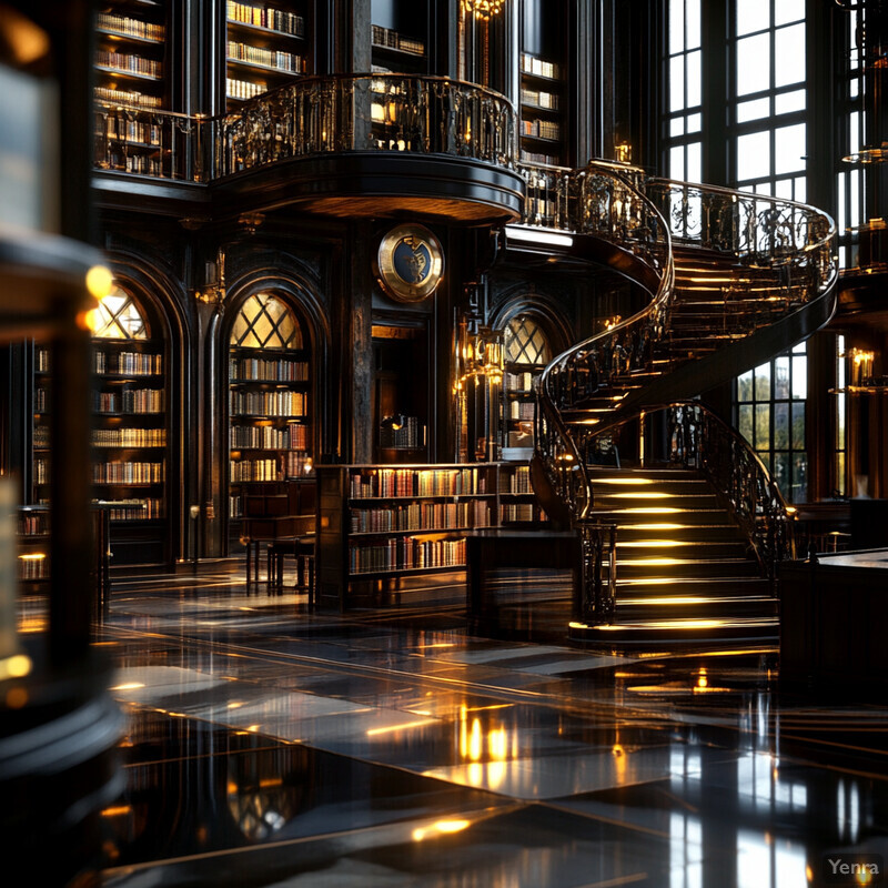 A luxurious library with dark wood paneling and gold accents, featuring two curved staircases leading to a mezzanine level.