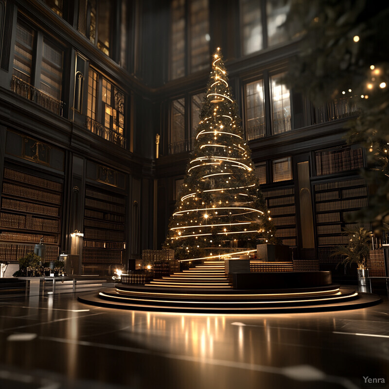 A grand Christmas tree stands in the center of a dark and formal library, surrounded by towering bookshelves and ornate furnishings.