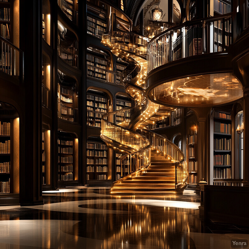 An opulent library with a spiral staircase and dark wood bookshelves.