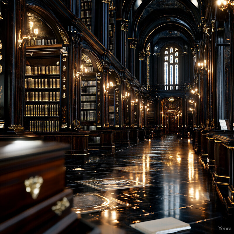 An ornate library with dark wood paneling and gold accents, featuring tall bookshelves filled with books, a large window with intricate carvings, and a grand staircase leading to a balcony.