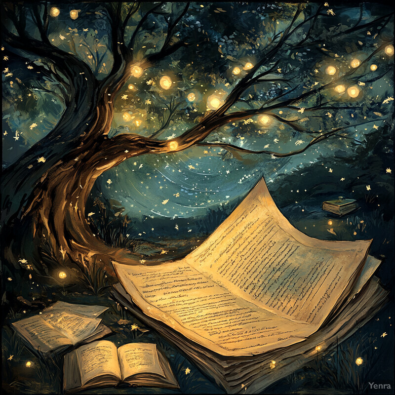 A serene and enchanting scene of books floating in mid-air amidst fireflies, set against the backdrop of a lush forest.