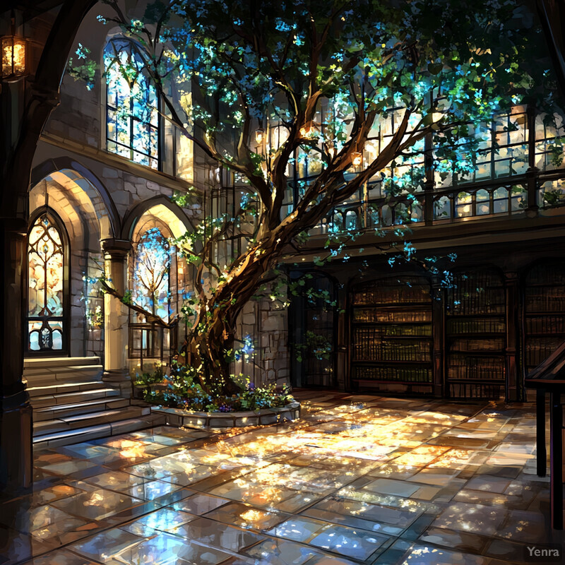 A serene and majestic interior courtyard with stained-glass windows, a tree, and bookshelves.