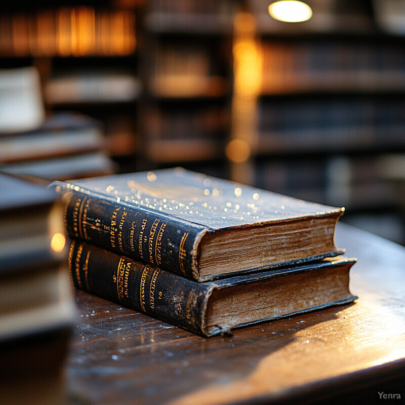 Two old books stacked on a wooden table or desk in a library or study room.