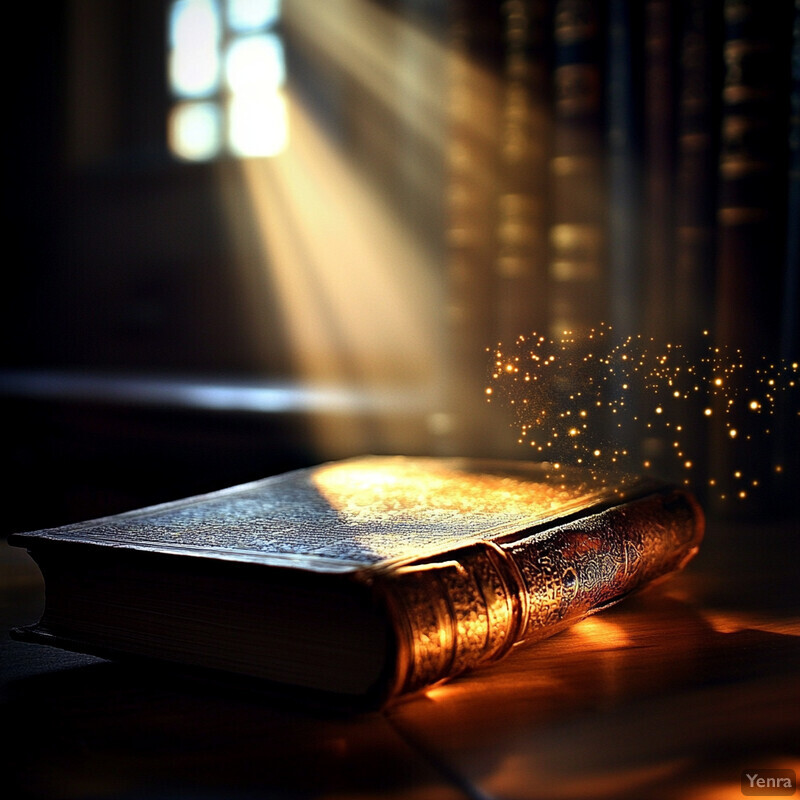 An open book lies on its side in front of a window, with sunlight streaming through it and creating a warm glow.