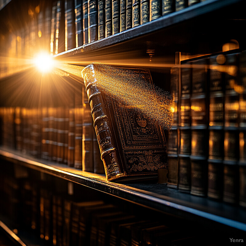 A large bookshelf filled with old leather-bound books, illuminated by a golden light.