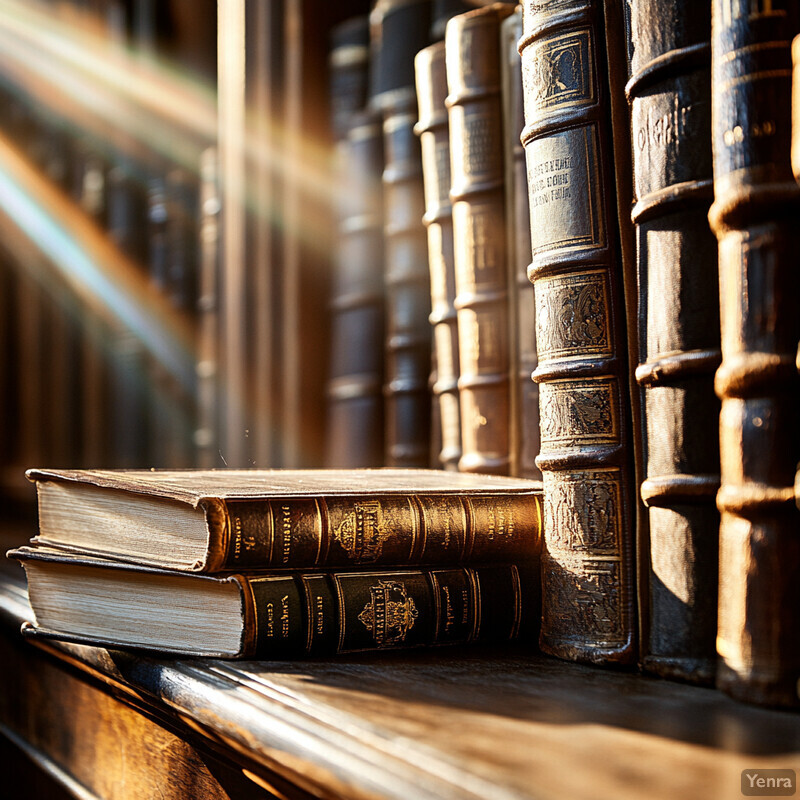 A collection of leather-bound books with gold embossing on their spines is arranged on a dark wooden shelf in a library or study area, bathed in warm sunlight.