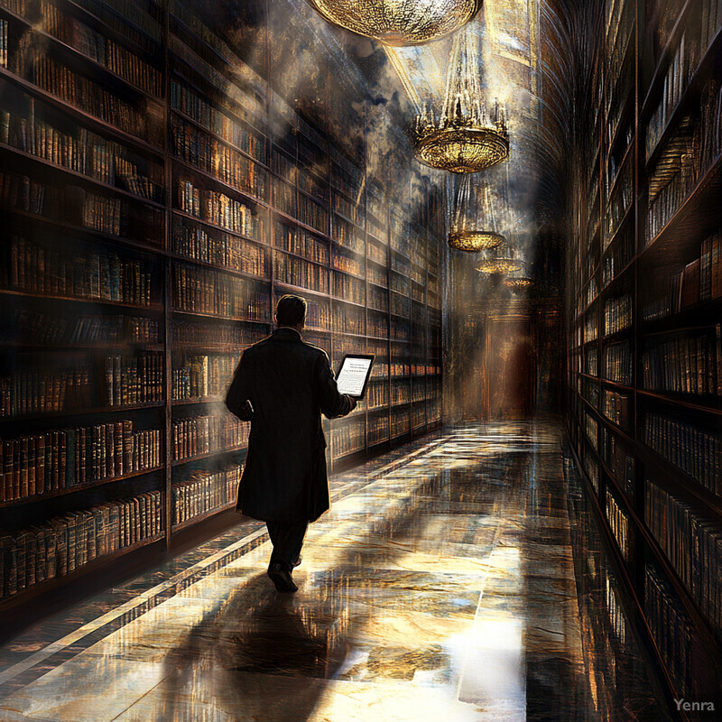 A man in a long coat walks down a dimly lit hallway lined with bookshelves, carrying a laptop and holding papers.