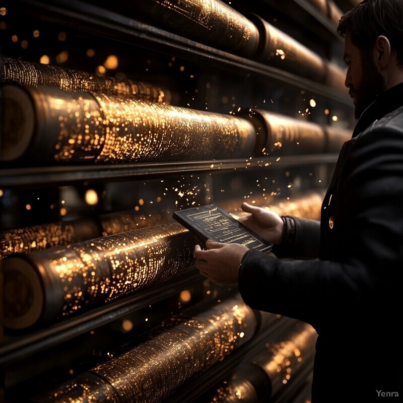 A man in a black jacket holds a tablet with a gold-speckled screen, surrounded by books on shelves.