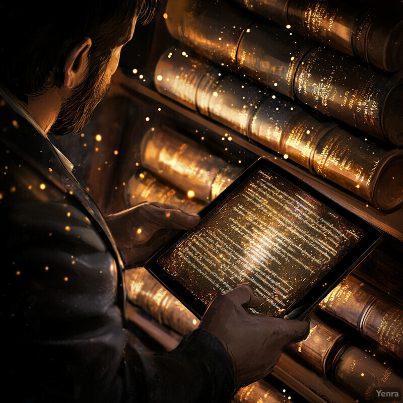 A man examines a tablet displaying text in front of a shelf of old books.