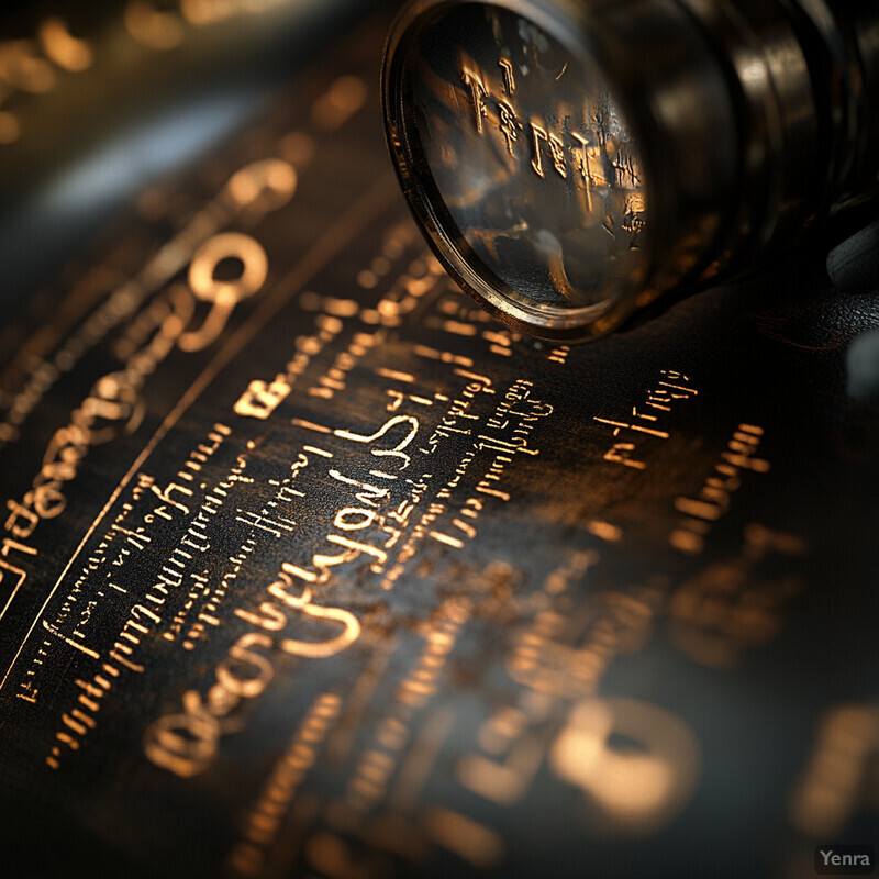 A magnifying glass rests on top of a black surface with gold text and symbols.