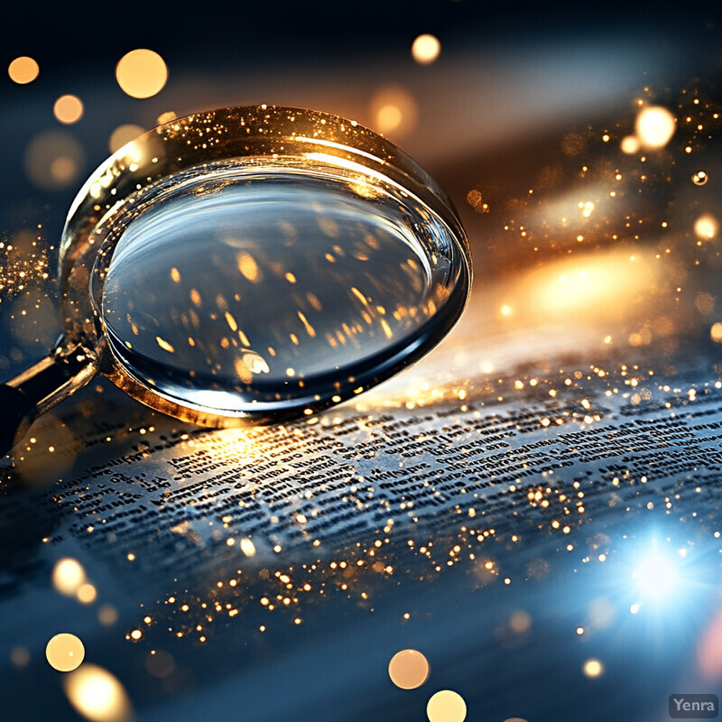 A close-up view of a magnifying glass positioned over an open book, with its lens focused on a specific passage.