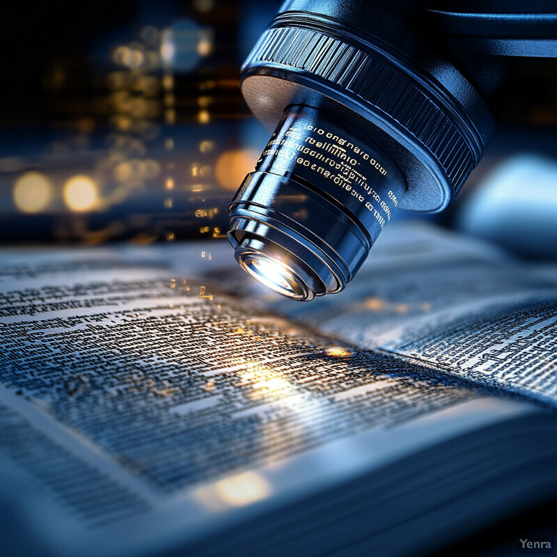 A person is using a microscope to examine a sample from an open book.