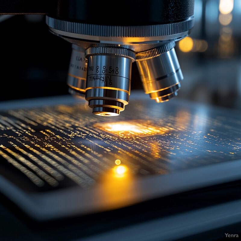 A microscope is positioned in front of a computer screen displaying a grid pattern with yellow lines and circles.