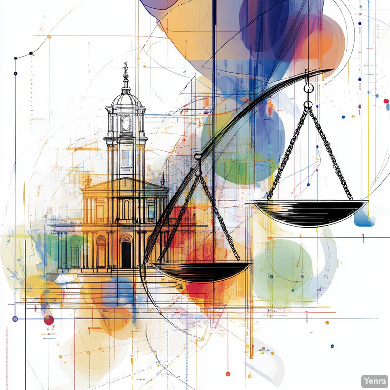 An abstract representation of justice and law, featuring a stylized scale and a building with multiple levels.