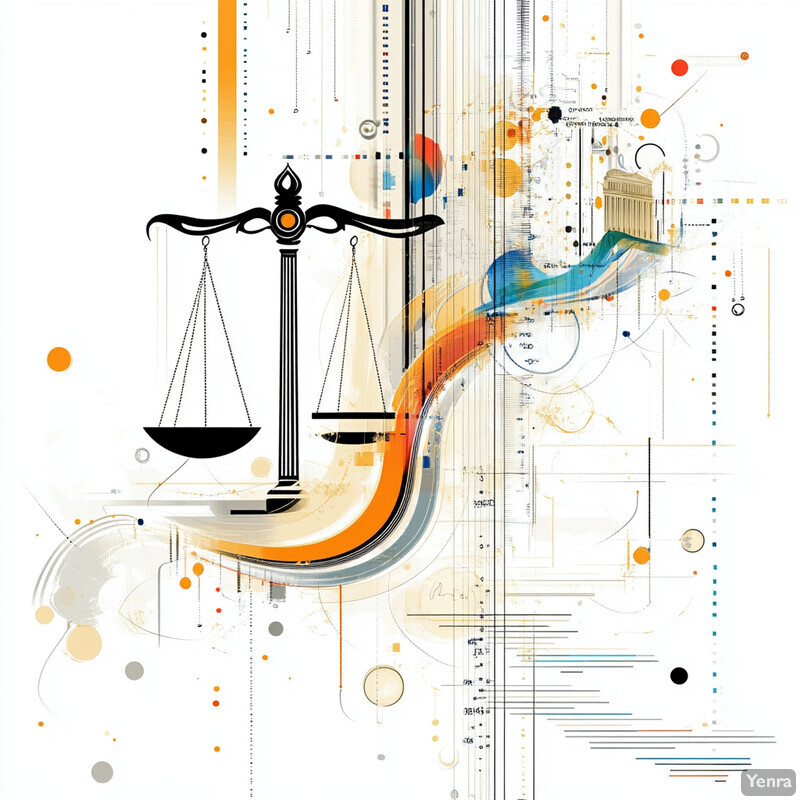 An abstract representation of integration with litigation analytics, featuring a scale surrounded by interconnected geometric shapes.