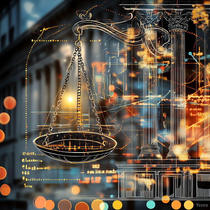 An abstract representation of the legal system, featuring a stylized scale and cityscape.