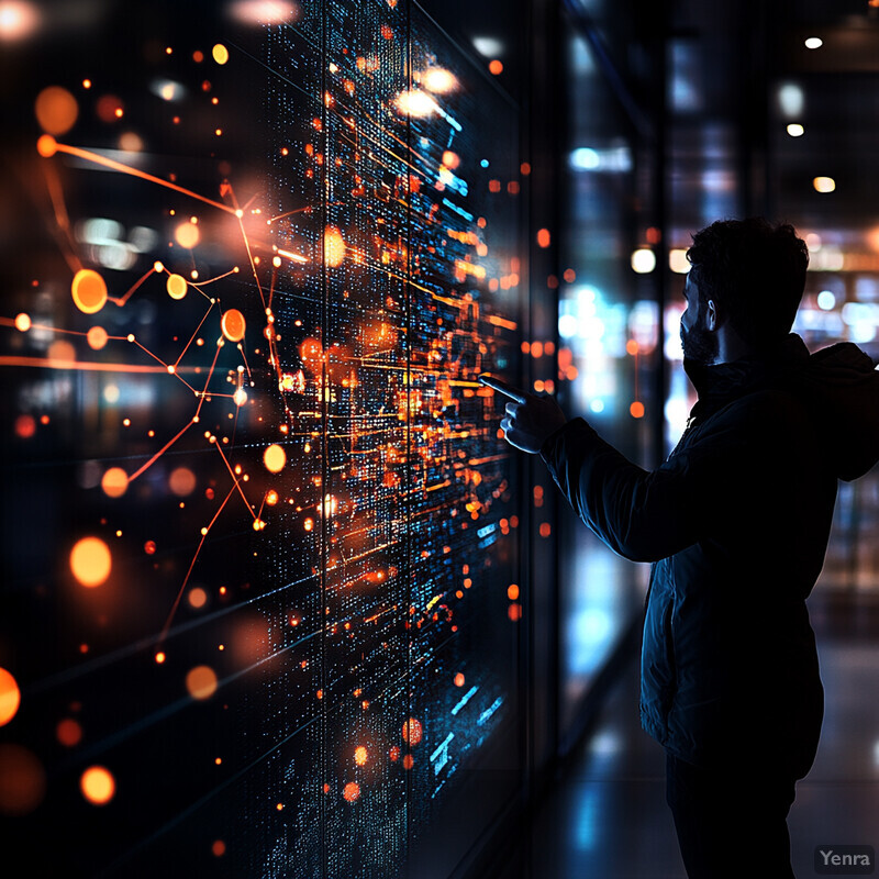 A man interacts with a large screen displaying a complex network of interconnected nodes and lines.