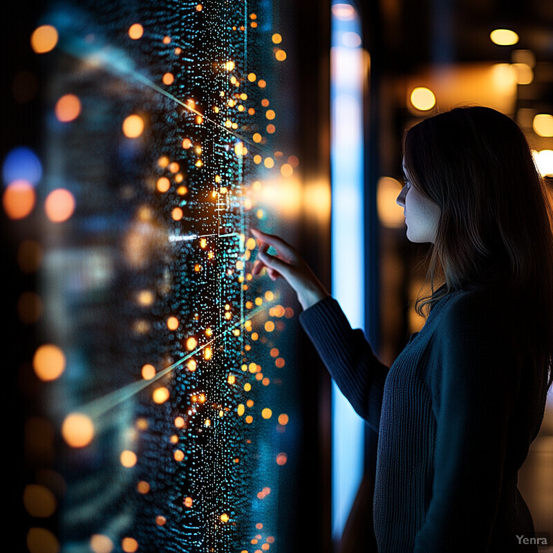 A woman interacts with a large screen displaying a complex network diagram in a dimly lit room.