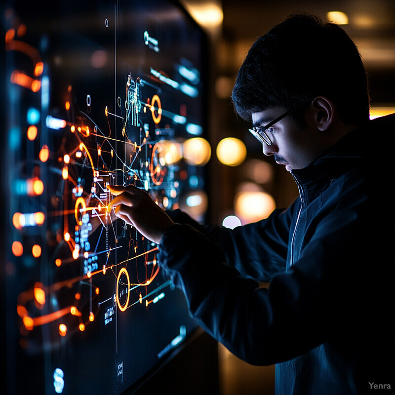 A man is working on a large screen displaying graphs and charts.