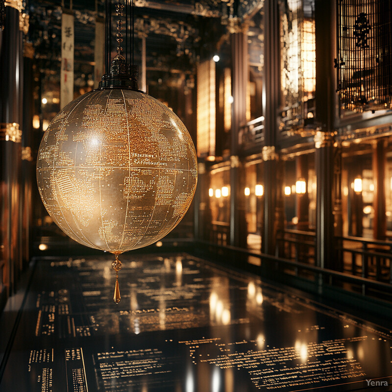 A large, ornate gold globe hangs from the ceiling in a grand hall or library.