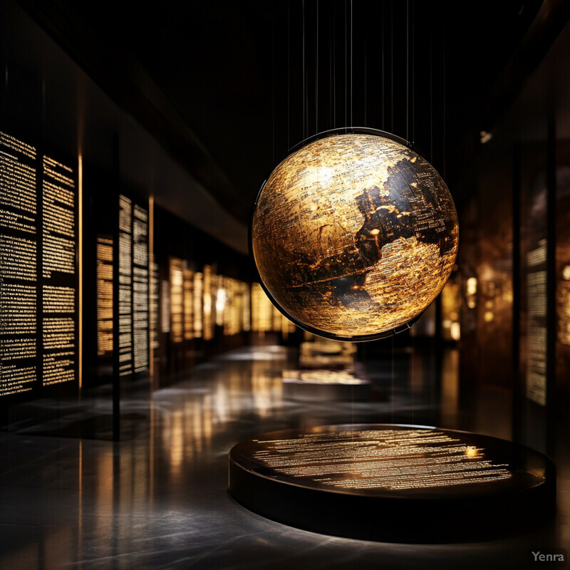 A museum or gallery setting featuring a large gold sphere and other exhibits.