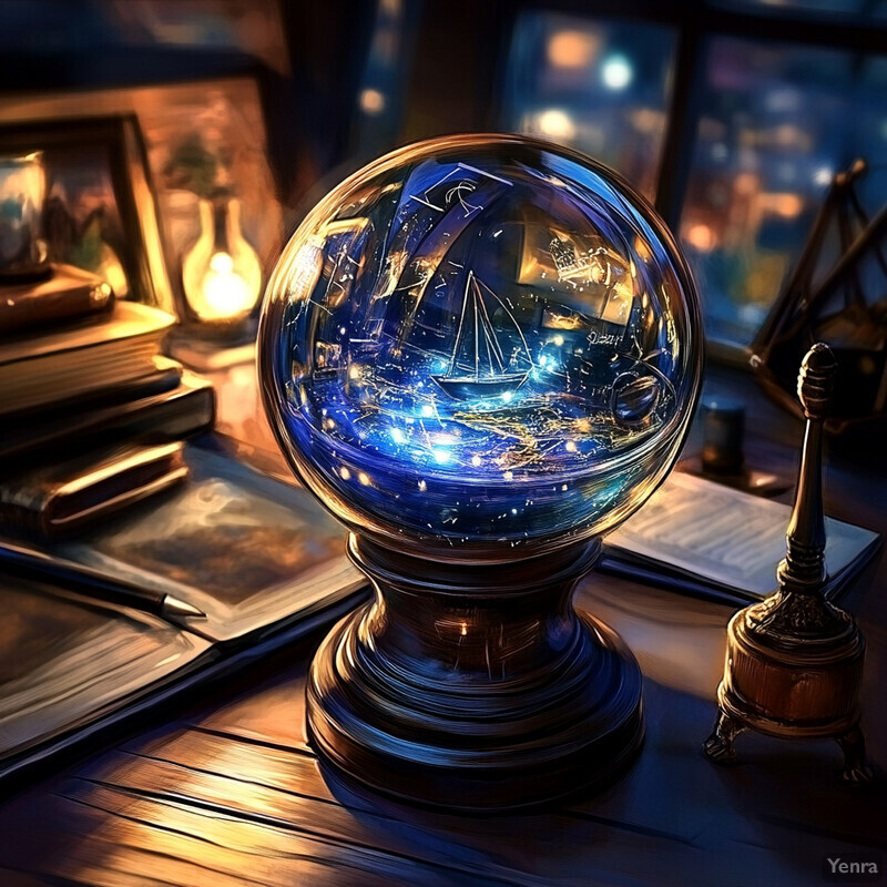 A crystal ball sitting on top of a wooden table in a dimly lit room.