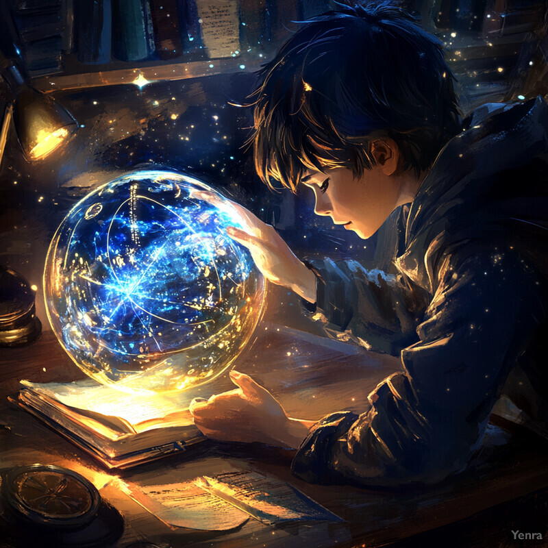 A young boy is engrossed in his studies, gazing into a crystal ball.