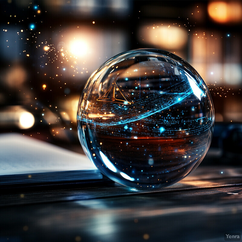 A crystal ball with a blue line and gold scale inside sits on a dark wooden table in an indoor room.