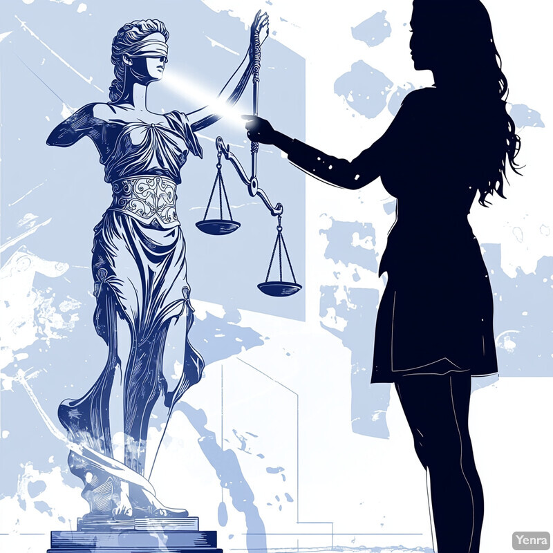 A person holds a scale in front of Lady Justice, symbolizing the balance of justice.