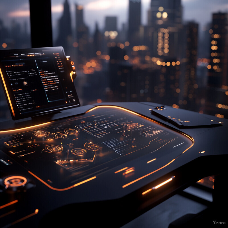 A futuristic desk setup with multiple screens and a laptop, set against the backdrop of a cityscape at dusk.