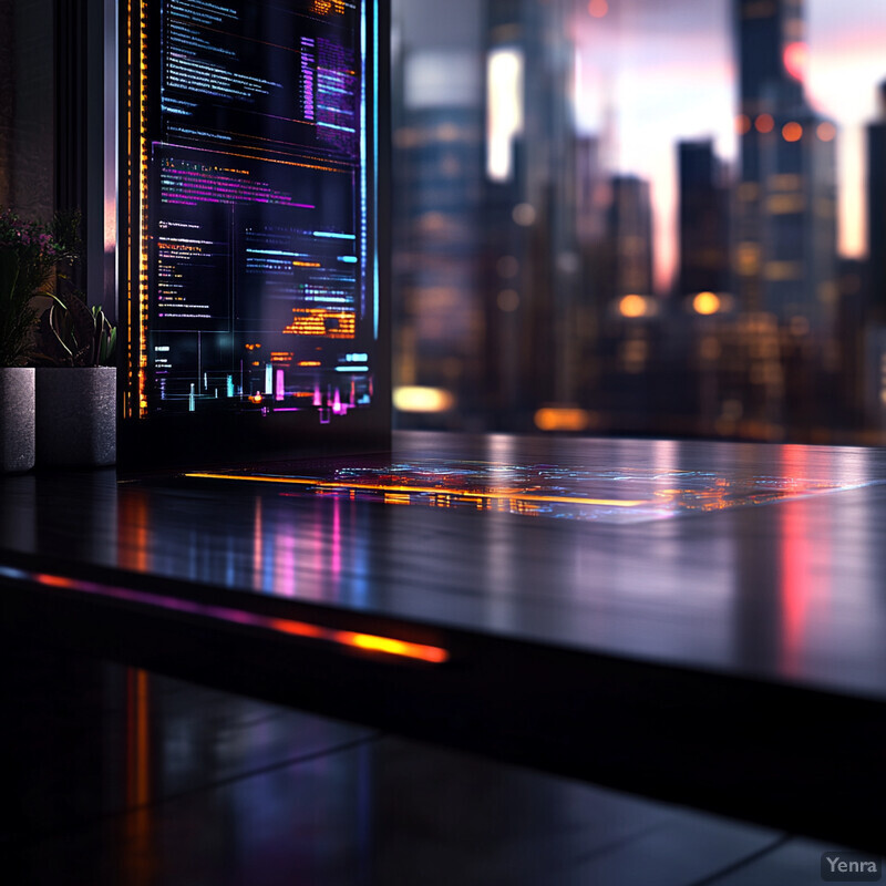 A futuristic room with a large screen displaying various lines of code, set against a blurred cityscape background.